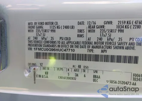 2017 Ford Escape Se z USA, uszkodzony, nr VIN 1FMCU0G96HUC47710